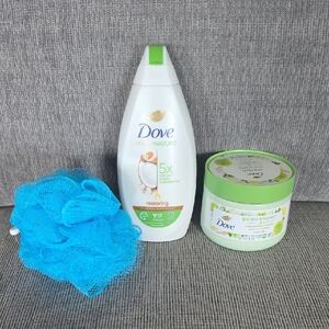 Dove Shower Gel and Body Scrub Set with Blue Loofah, New.